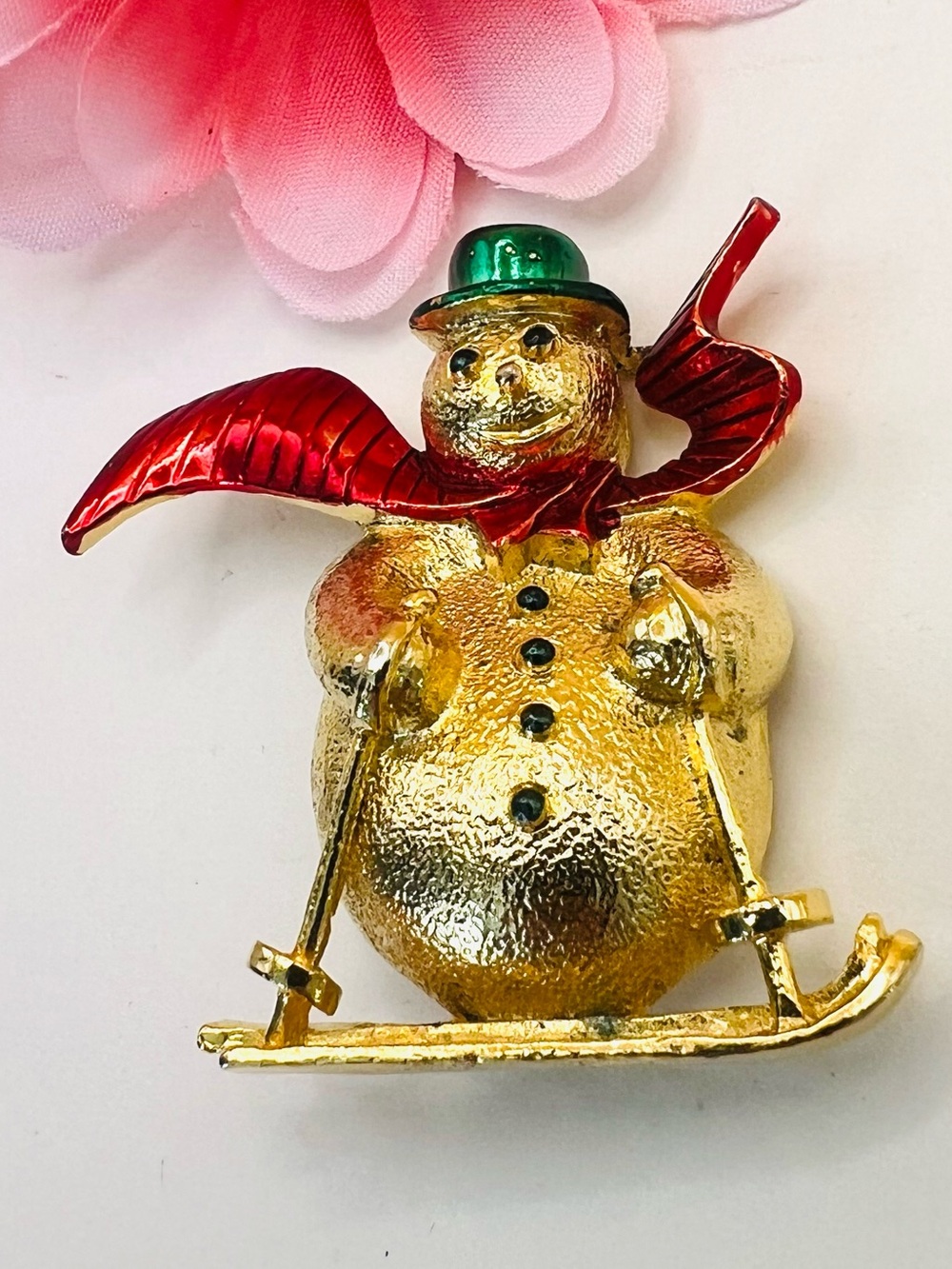 Gold Snowman Ski Brooch with Red Scarf and Green Hat
